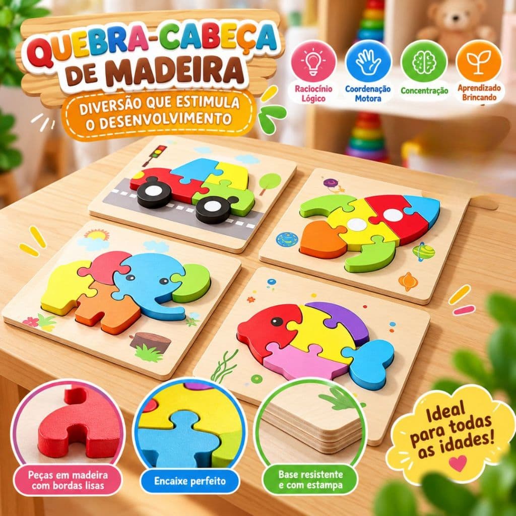 Quebra Cabeça Madeira Animais e Formas Personagens Brinquedo Infantil Educativo Sensorial Montessori