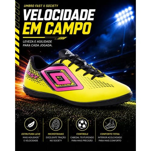 Chuteira Society Umbro Fast II Original Chuteira Futebol de Society Campo Sintético Confortável