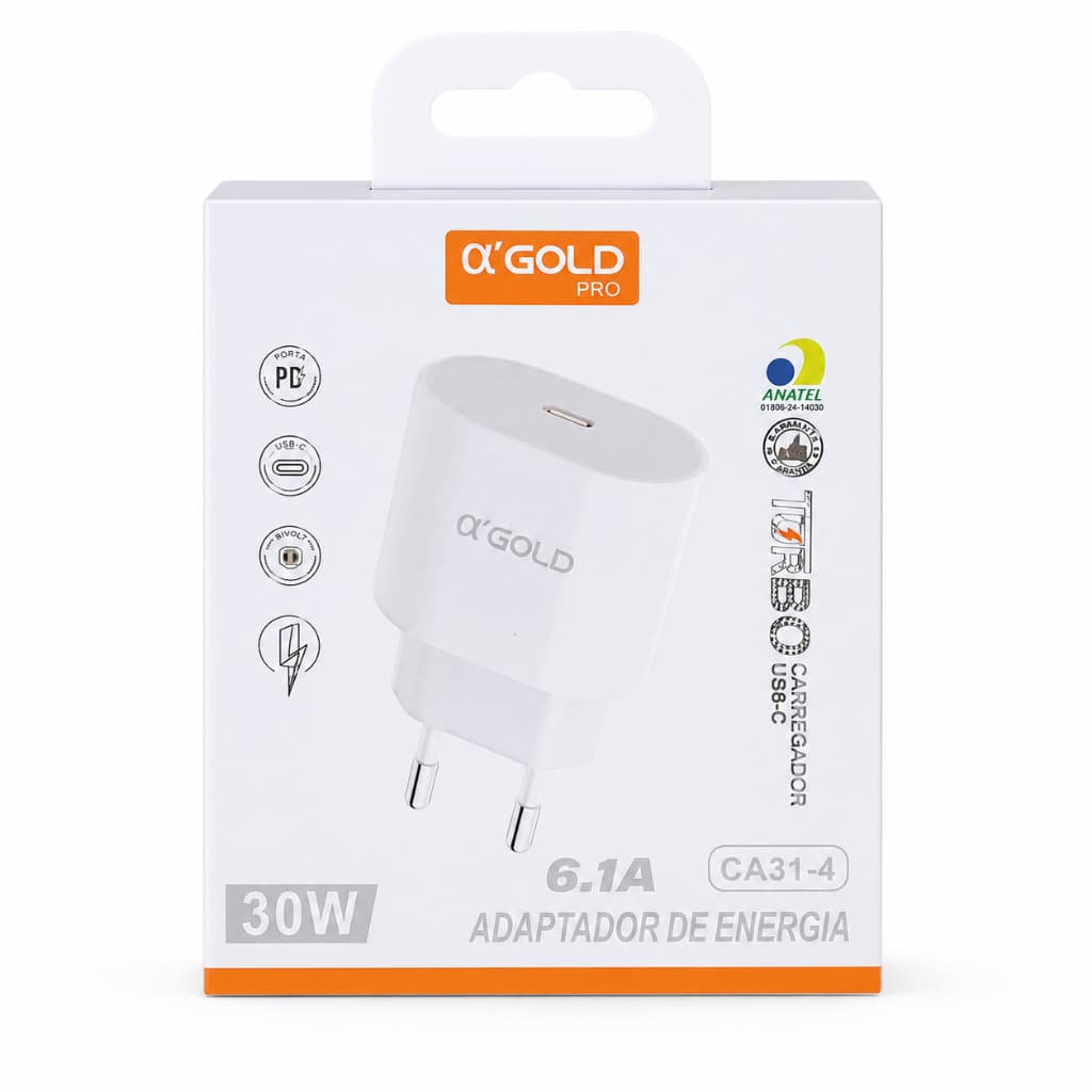Fonte Carregador A' GOLD USB-C CA31-4 Turbo USB Tipo-C Celular Smartphone Carga Rápida