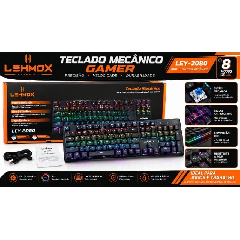 Teclado Mecânico Gamer LEHMOX HYPER GT LEY-2080 RGB com 8 Modos de Iluminação, Switch Mecânico e Teclas Anti-Ghosting