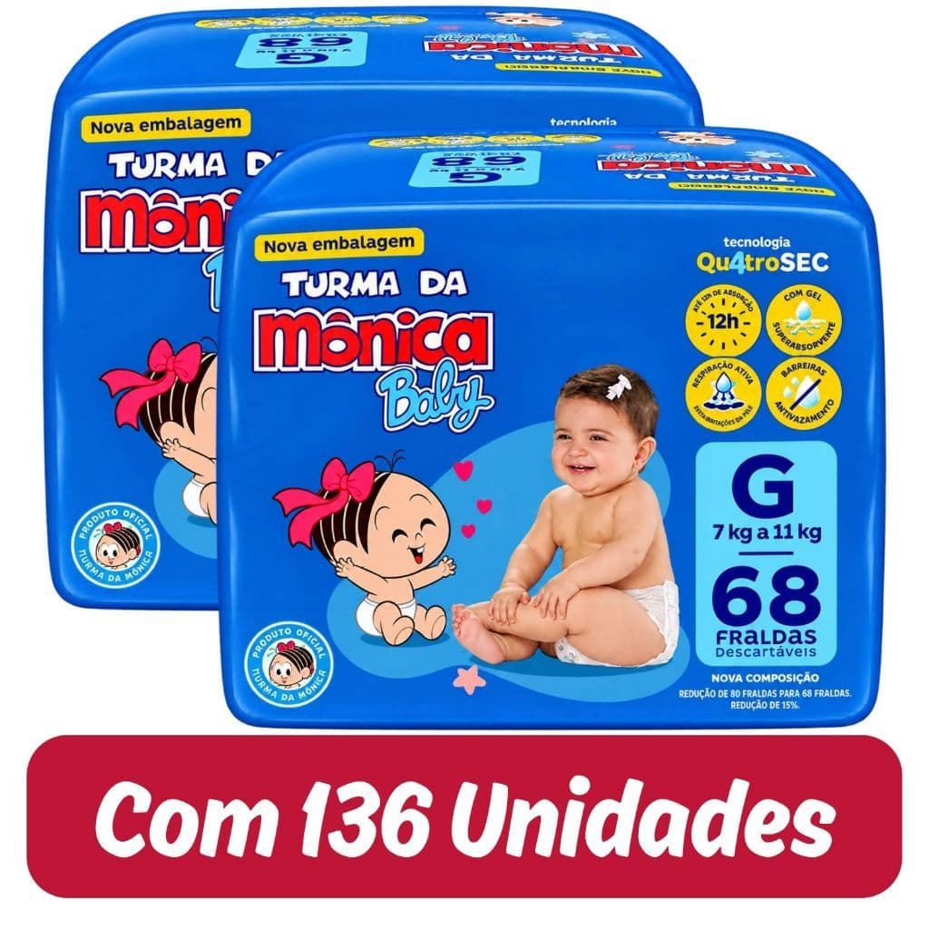 Fralda Descartável Turma da Mônica Baby Giga Tamanho G - 2 Pacotes com 68 Fraldas - Total 136 Tiras