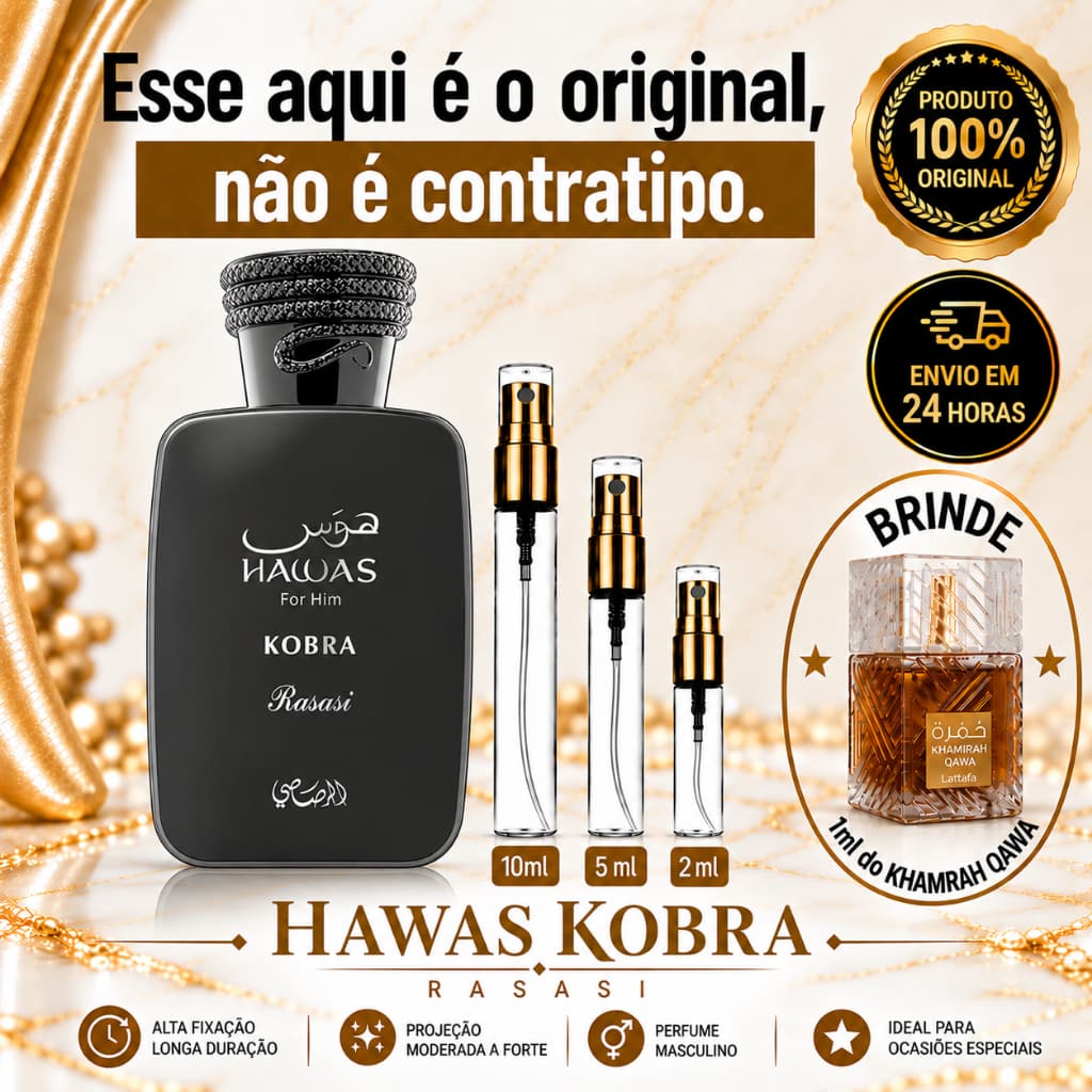 Hawas Kobra Perfume Árabe Masculino - 100% ORIGINAL - Importado - Alta Fixação - Alta Projeção Cítrico Fresco Especiado