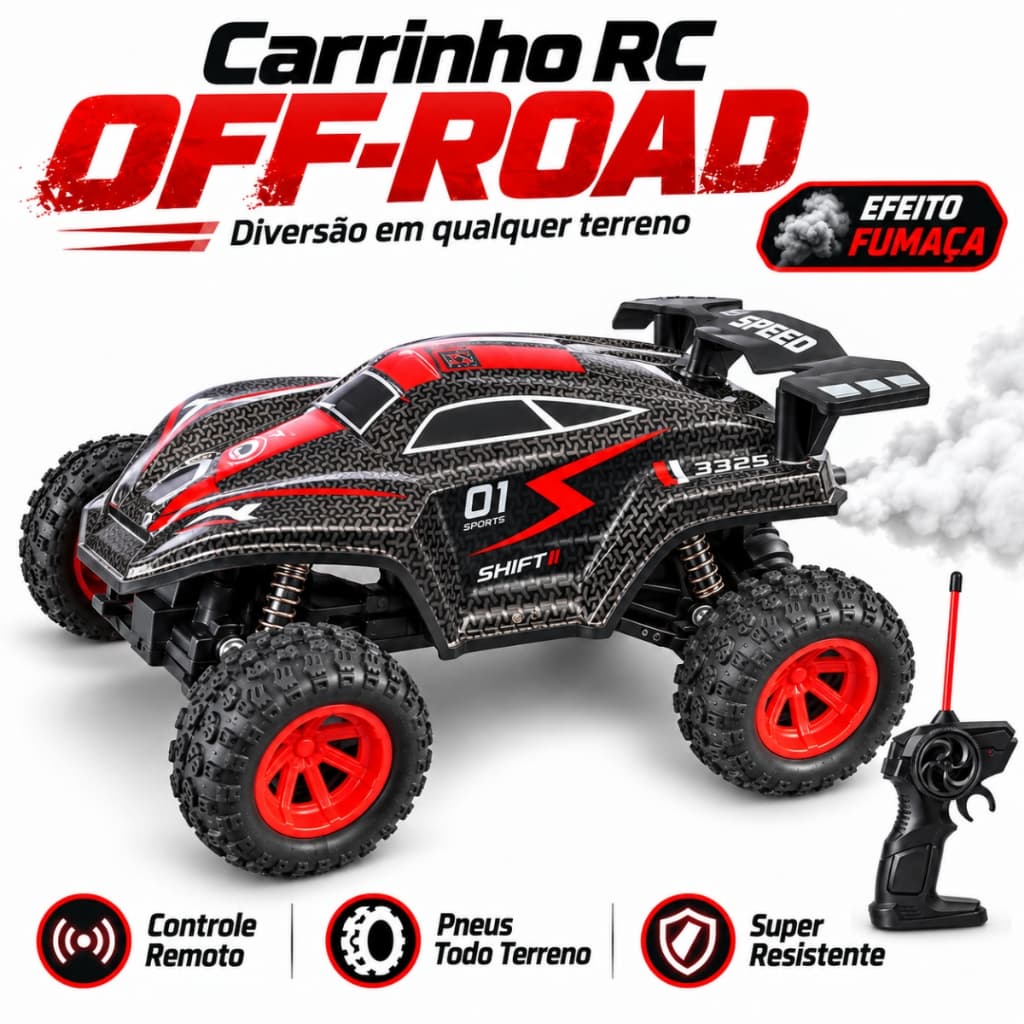 Carrinho Controle Remoto Infantil Solta Fumaça Carro Bateria Recarregável Off-Road