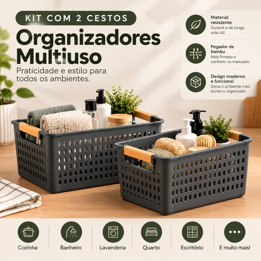 Kit Cestos Organizadores Multiuso com Pegador de Bambu para Cozinha Banheiro Lavanderia Quarto