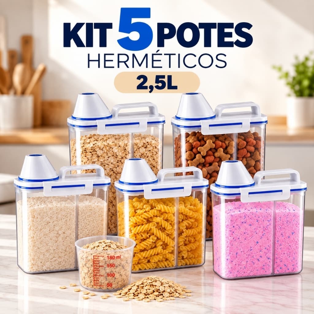 Kit 5 Potes Herméticos 2,5L Multiuso Organizador Grãos Ração Sabão com Bico Dosador e Copo Medidor