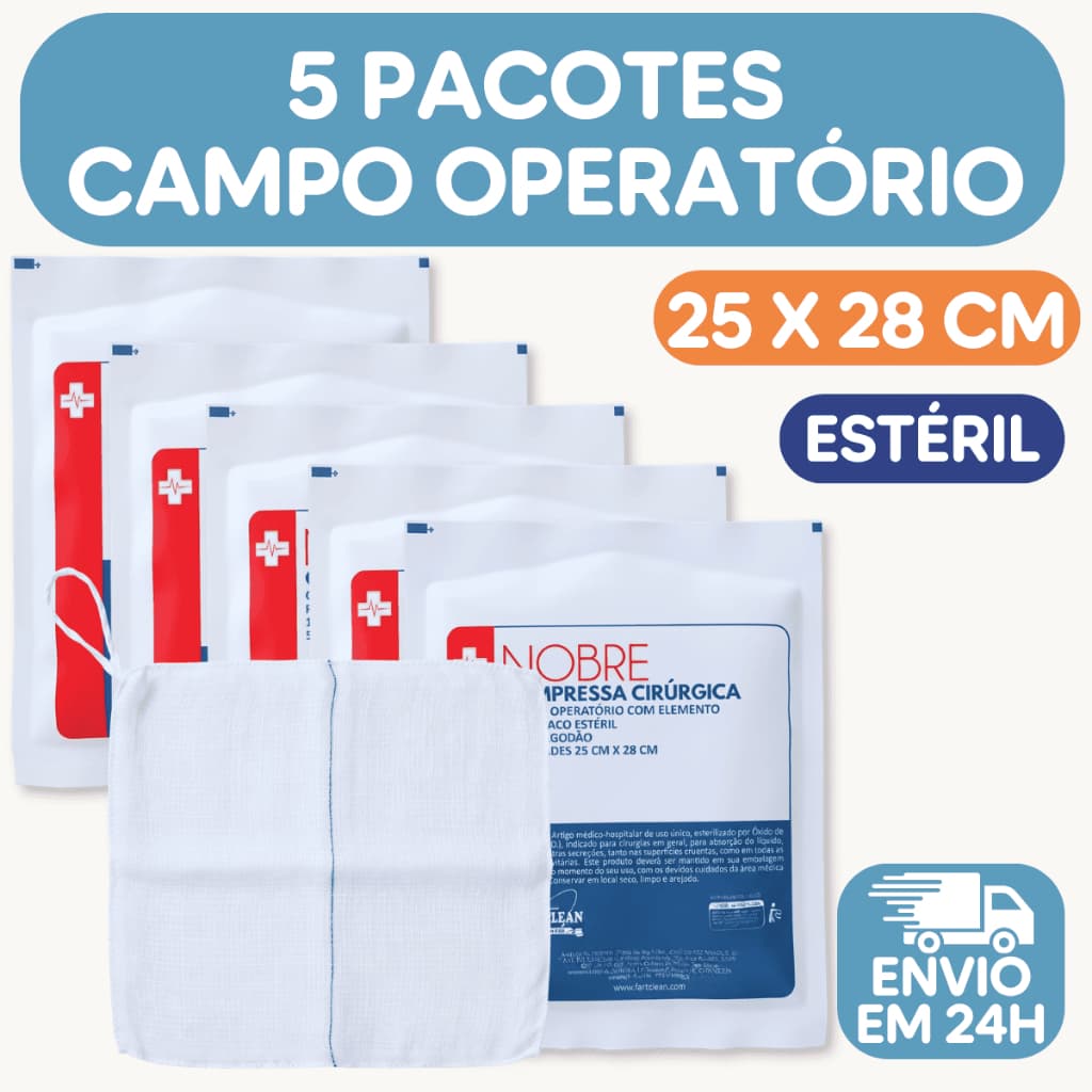 5x Pacotes Compressa Campo Operatório 25x28cm Com Fio Radio Drape Cirúrgico Descartável Kit c/ 25 un