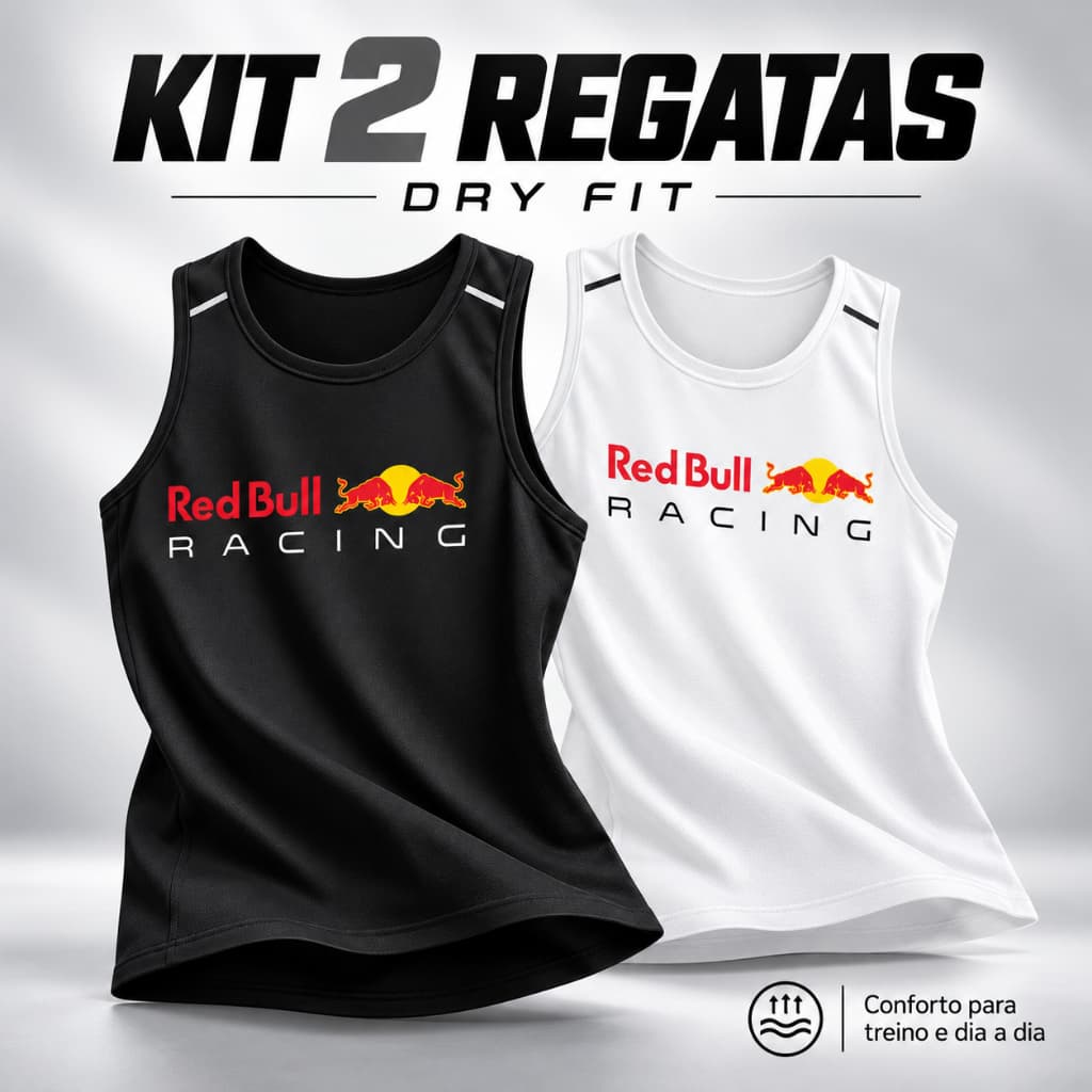 KIT 2 Regatas Dry Fit Masculina Esportiva Estampada Red Bull Racing Academia Musculação Treino Corrida