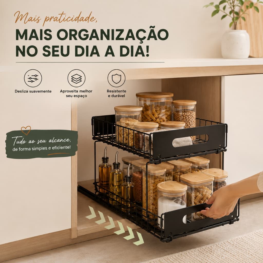 Organizador Deslizante 2 Níveis para Armário, Cesto Gaveta Extraível Multiuso para Cozinha, Banheiro, Lavanderia e Close