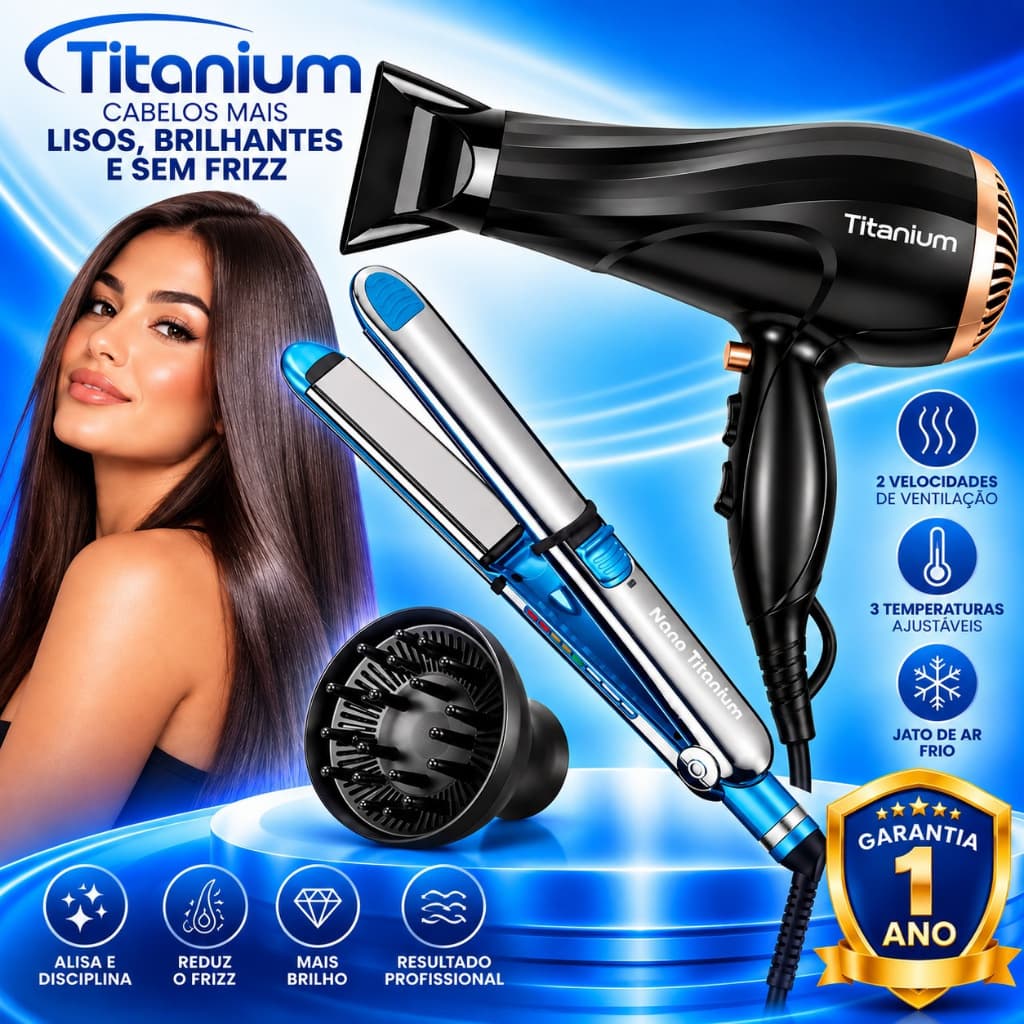 Prancha de Cabelo e Chapinha Super Nano Titanium Com Nota Fiscal Profissional 470F + Secador Titanium 2200W + Difusor
