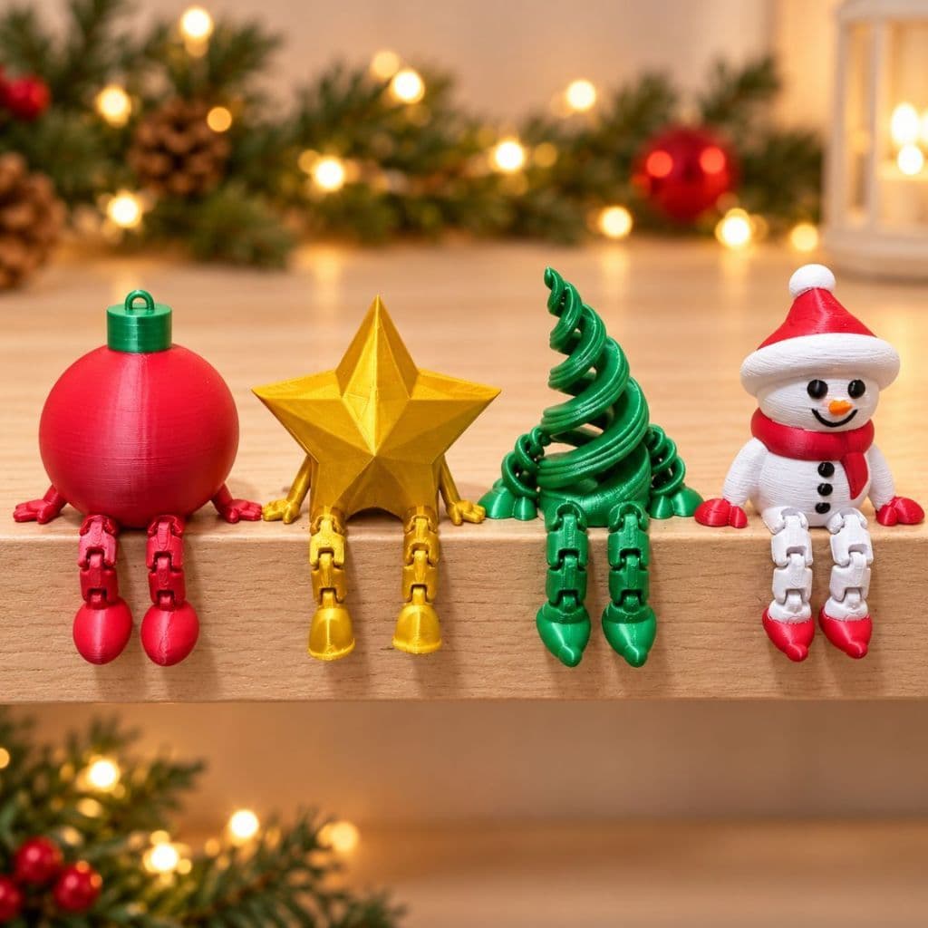 Kit 4 Enfeites Natalinos Articulados Bola, Estrela, Árvore e Boneco de Neve