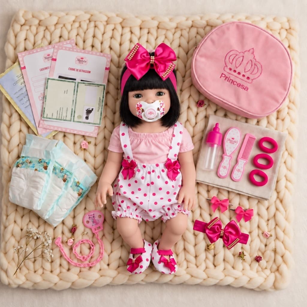 Kit Boneca Bebê 48cm Vinil Siliconado Bolsa Fraldas Mamadeira Chupeta E Acessórios Presente