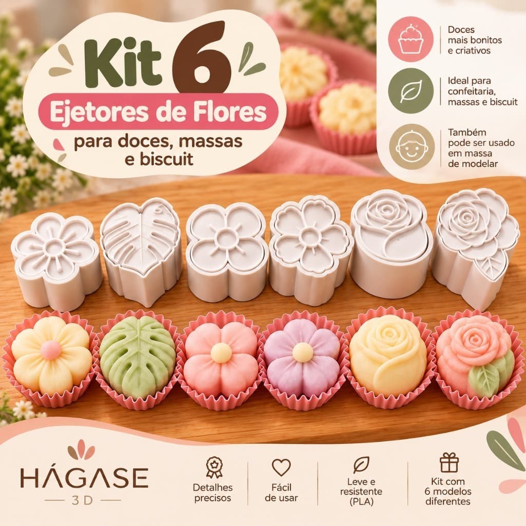 Kit 6 Moldes Ejetores Flores Brigadeiro Doces Gourmet Massas e Biscuit Massinha de Modelar  Hagase