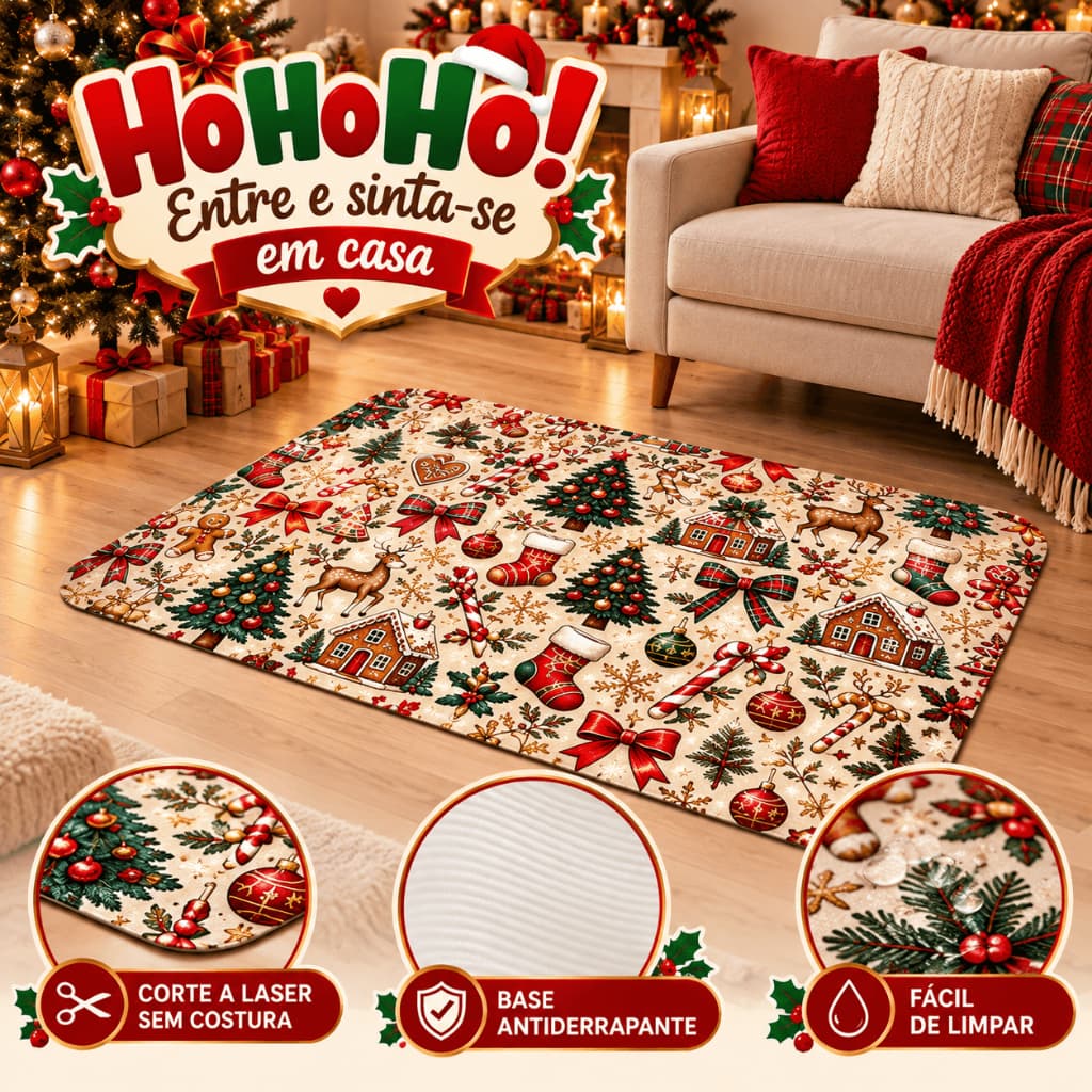 Tapete de Sala Natalino Emborrachado Antiderrapante 118x78cm Decorativo Natal Merry Christmas para Sala e Quarto