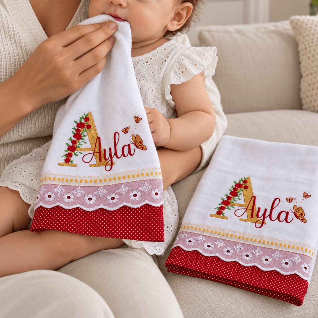 Kit 2 Fraldas De Boca Bebe Personalizado Grande 70x70 e Media 35x70 100% Algodão Enxoval Bebe