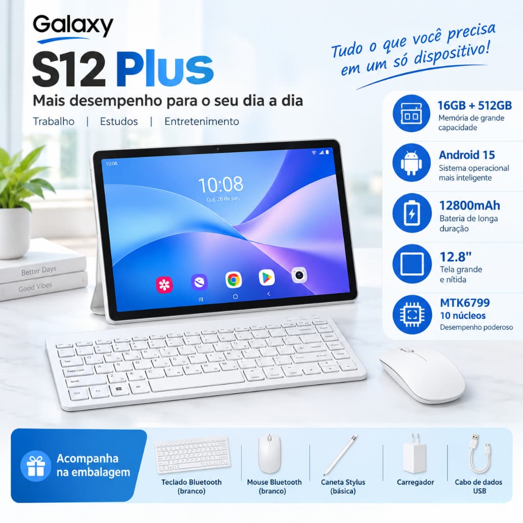Tablet Galaxy Tab S12 Plus 16GB RAM 512GB Câmera 24MP e 48MP 12,8" HD IPS Android 15 Kit Presente Natalino
