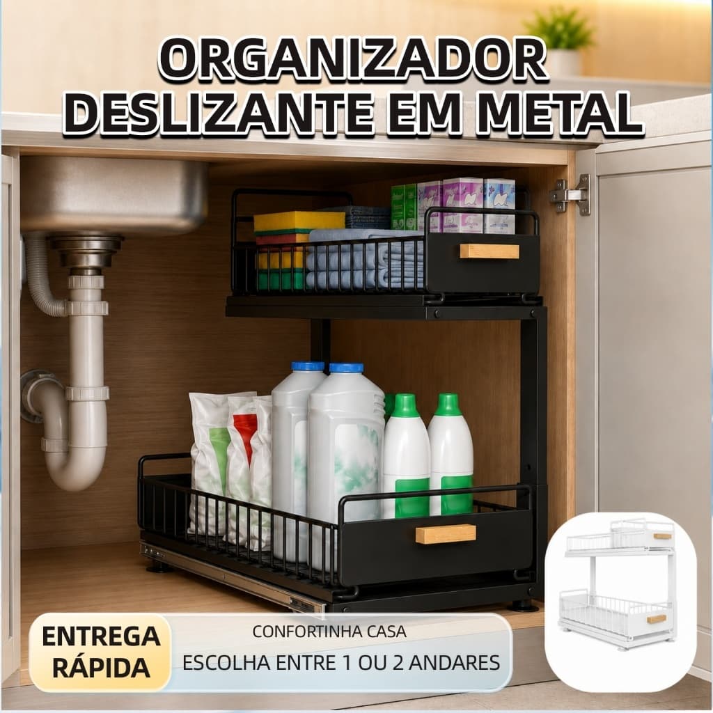 Organizador Embaixo da Pia 1 ou 2 Andares em Metal com Cestos Deslizantes Cozinha Banheiro