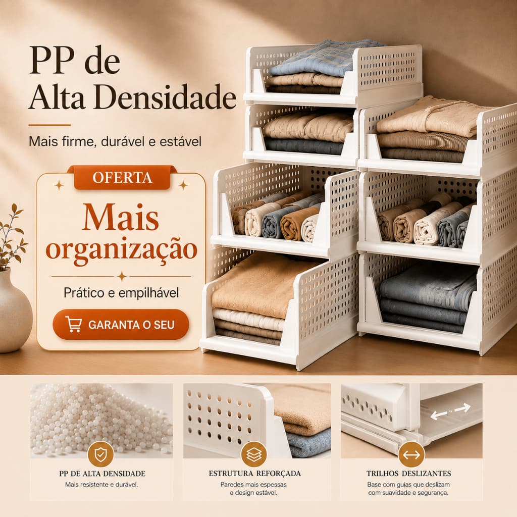 Organizador Empilhável Dobrável em PP, Cesto Modular para Guarda-Roupa, Roupas, Toalhas, Banheiro, Quarto Closet Branco