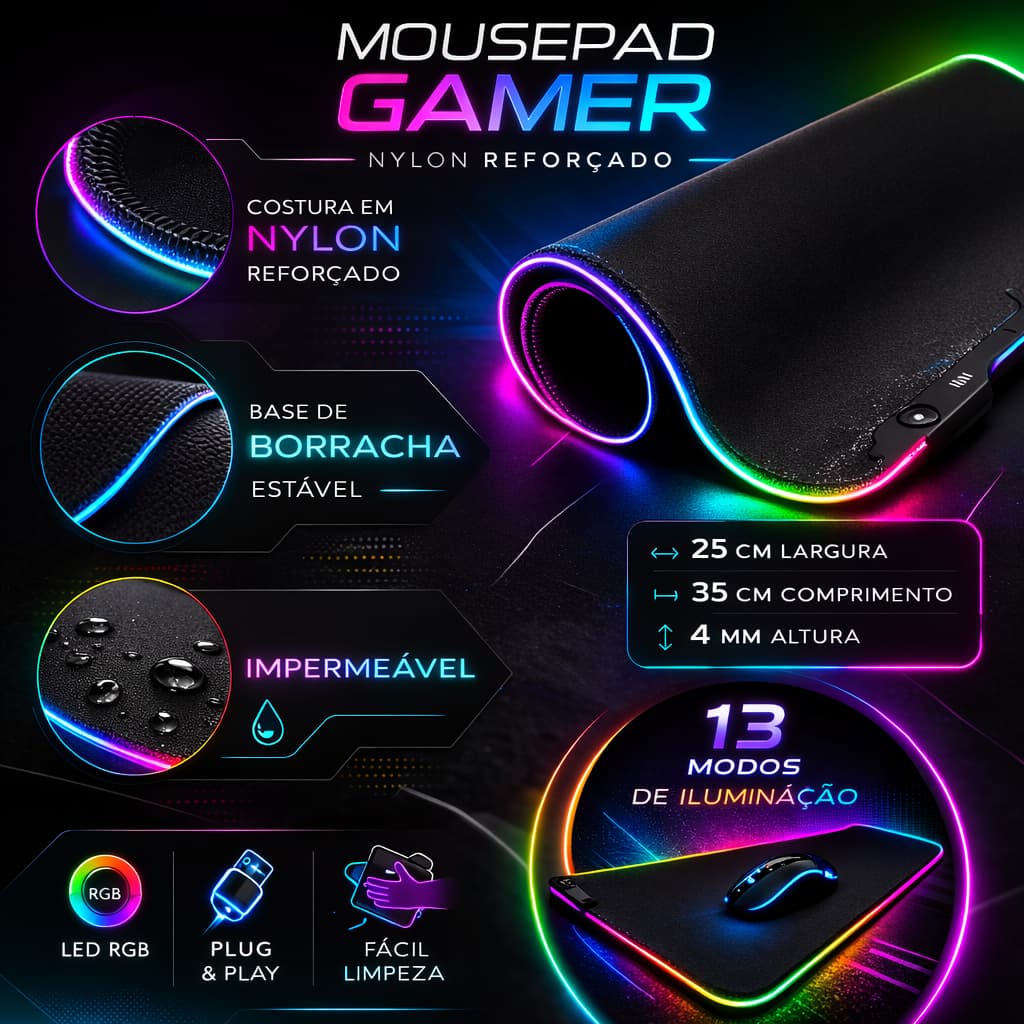 Mouse Pad Gamer Para PC Gamer Notebook Speed Borda Led Usb 7 Cores Rgb Impermeável Mousepad