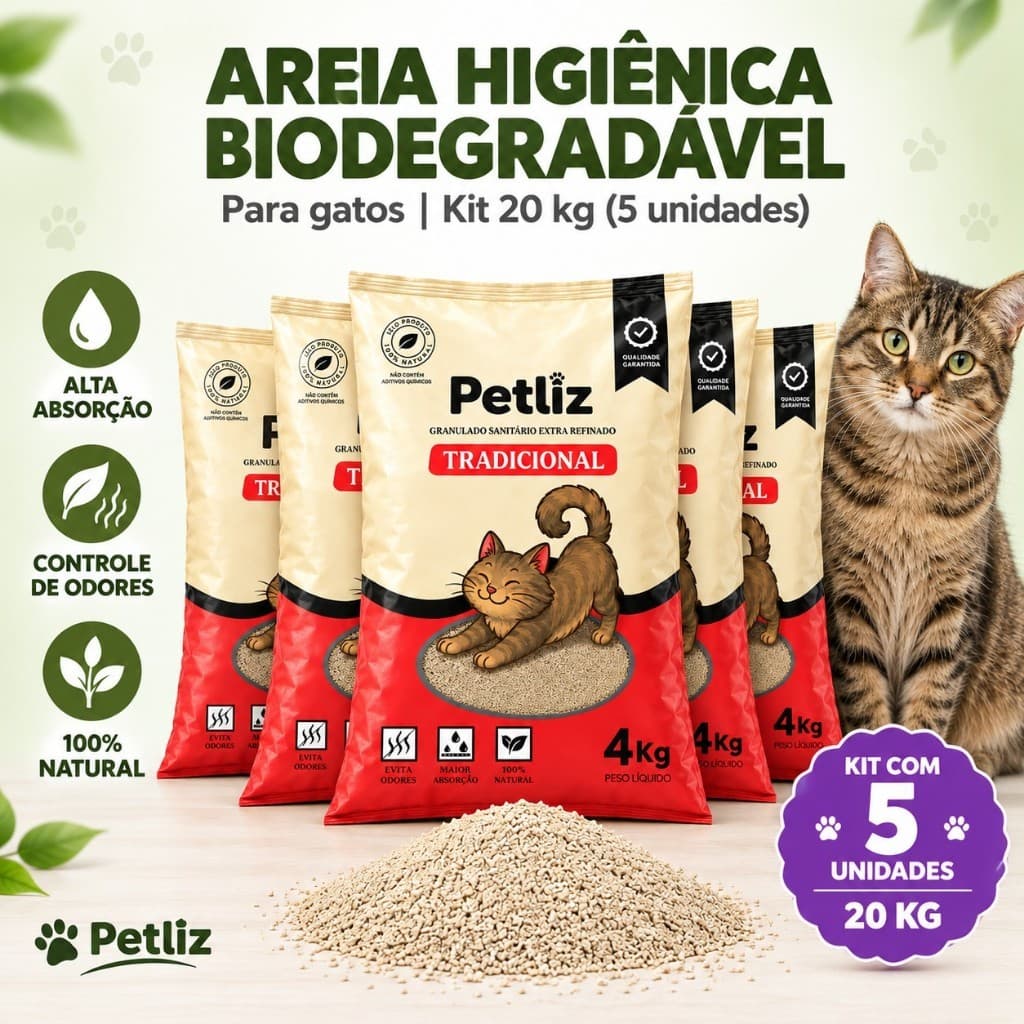 Areia Higiênica Sanitária para Gato Argila Natural Grãos Médios Forma Torrões Alta Absorção Petliz 20Kg