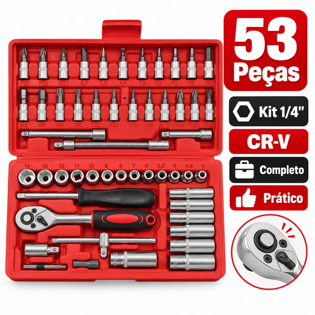 Kit Jogo Soquete 53 Peças 1/4" Chave Catraca CR-V Dados Longos e Curtos Ferramenta Multiuso Carro Moto Eletrodomésticos
