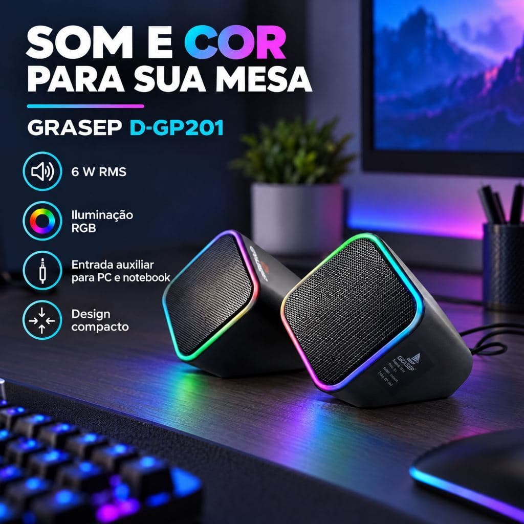 Caixa de Som RGB para PC e Notebook D-GP201, Som Estéreo 2.0, USB, LED Gamer