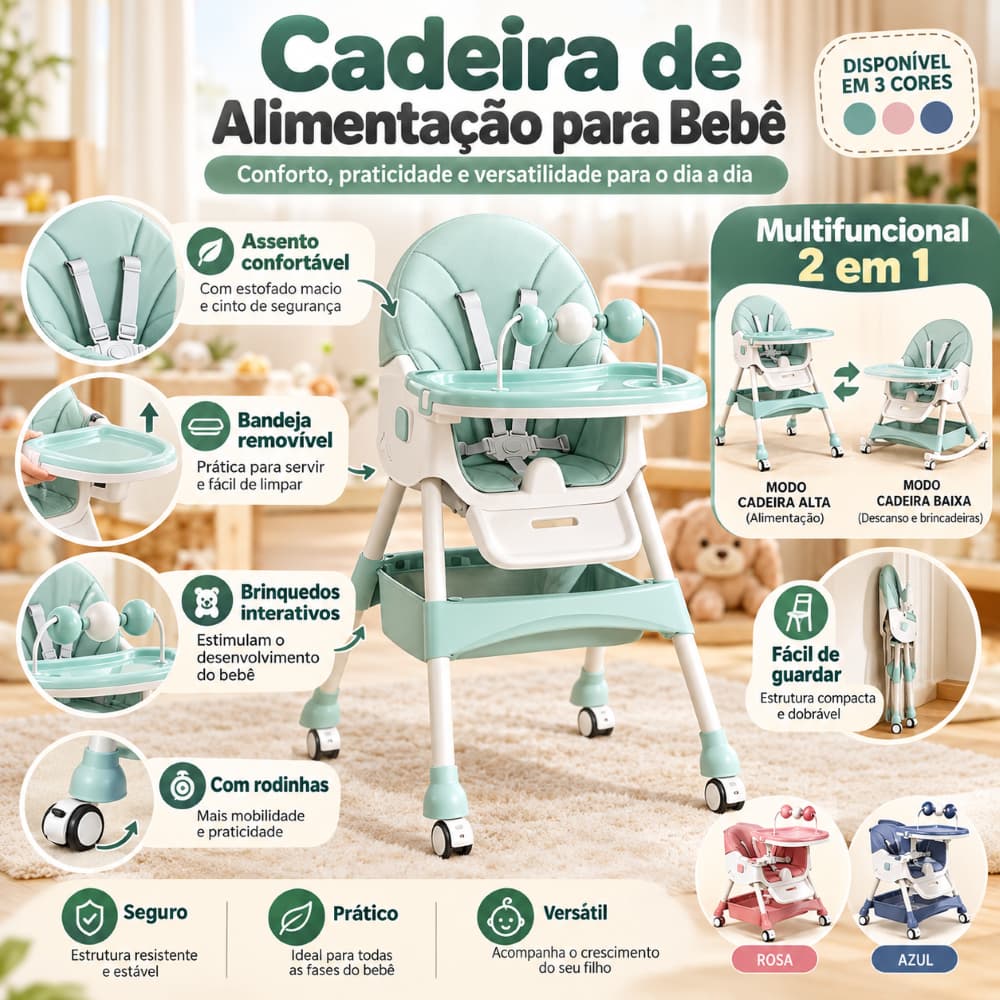 Cadeira de Alimentação para Bebê 2 em 1 Multifuncional Dobrável com Bandeja Removível, Cinto de Segurança e Rodinhas