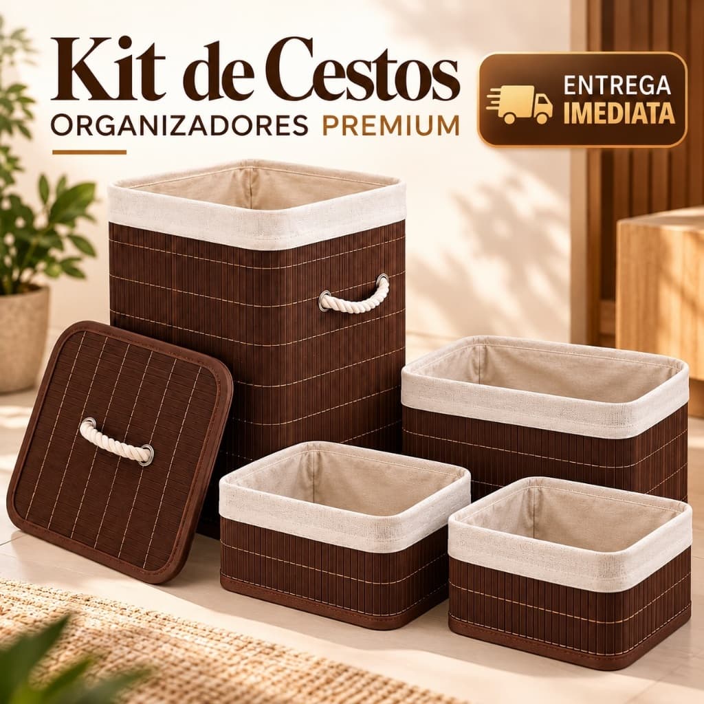 Kit Cesto Organizador com Tampa + 3 Cestos Pequenos para Banheiro e Quarto