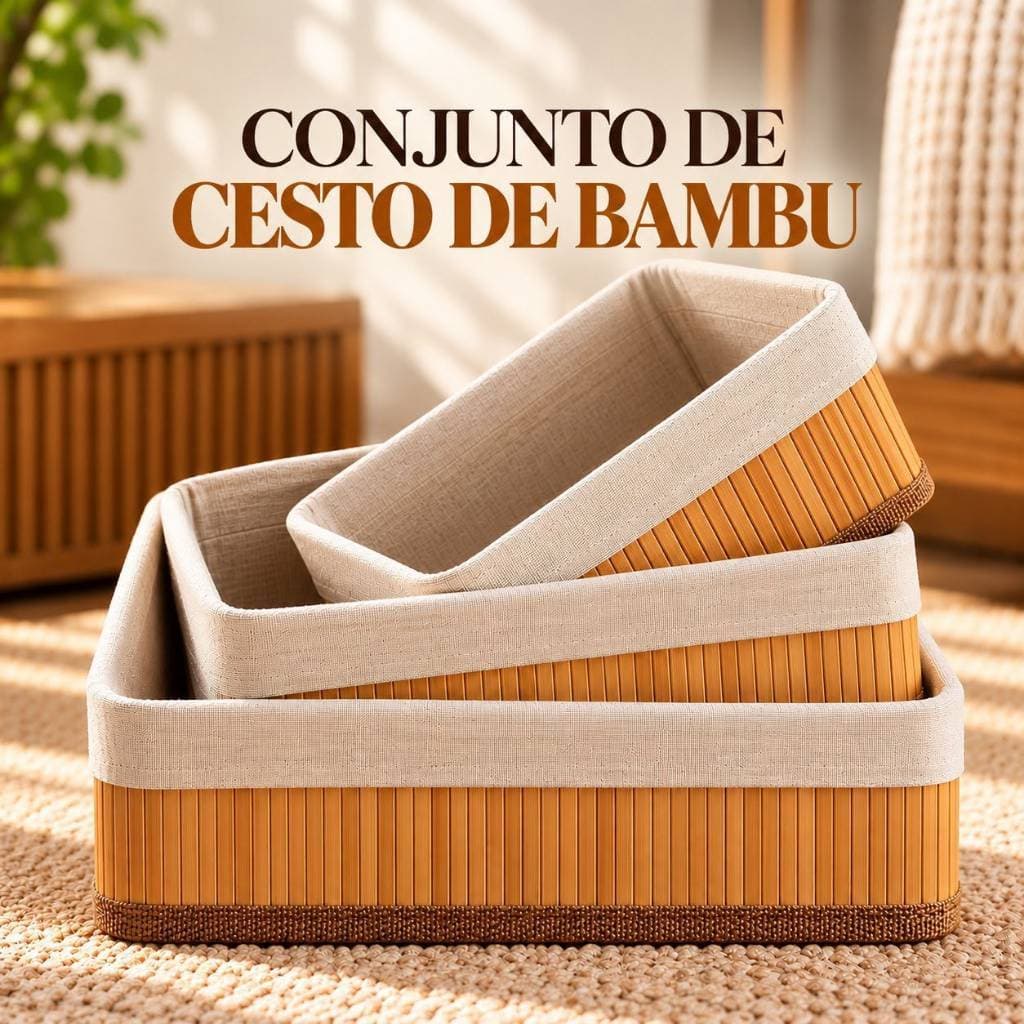 Kit 3 Cestos Organizadores de Bambu com Forro de Tecido Retangular Organizador de Banheiro Maquiagem Cozinha Armário