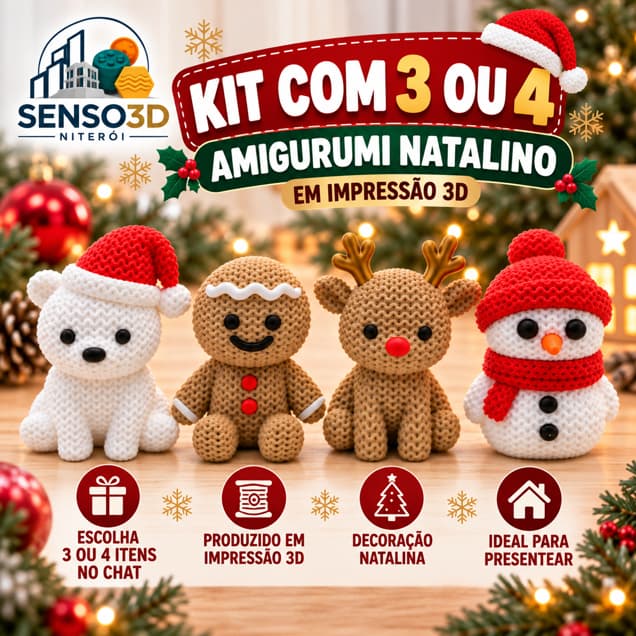 Enfeites de Natal para Árvore Estilo Crochê Amigurumi 3D – Rena, Urso, Biscoito e Boneco de Neve – Kit 3 ou 4