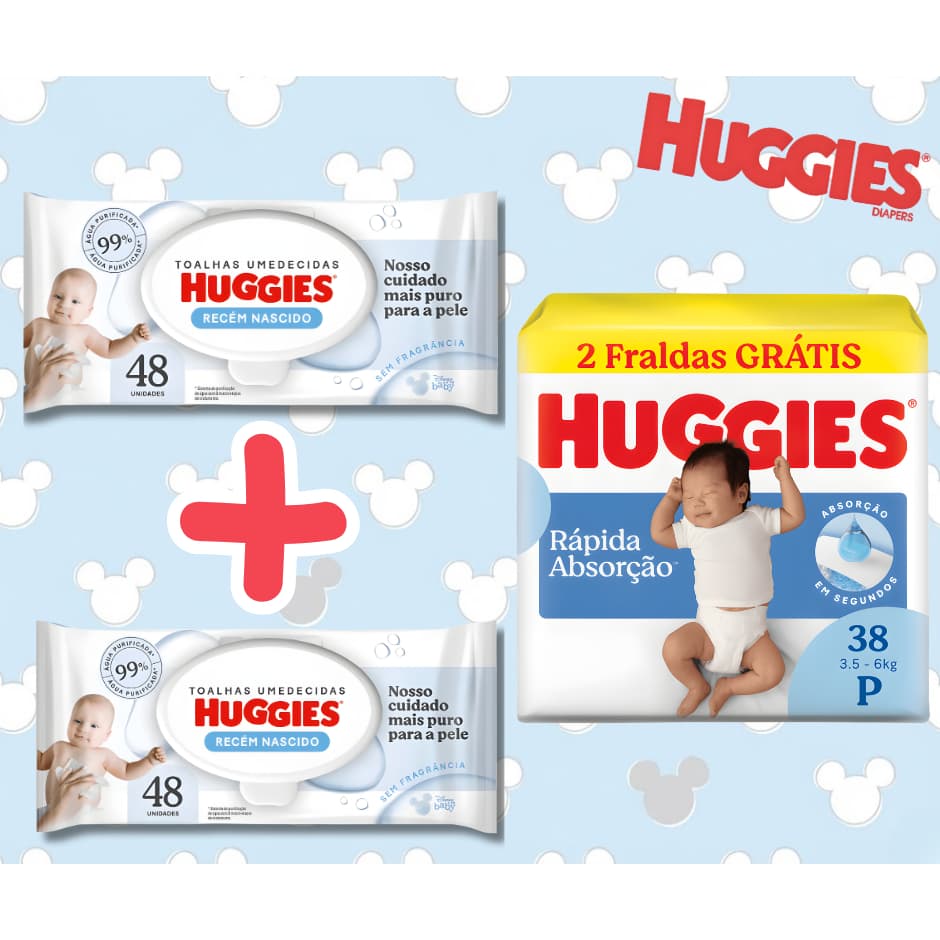 Kit Huggies: 38 fraldas tam P + 96 Lenços Umedecidos recém nascido - Envio Imediato