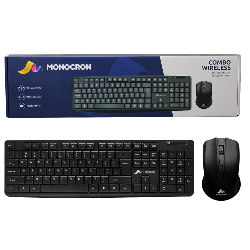 KIT TECLADO E MOUSE SEM FIO A PILHA WIRELESS PRETO ABNT-2