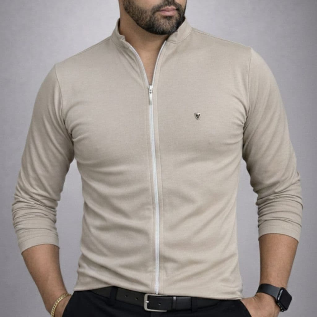 Camisa Social Masculina Slim Zíper Manga Longa Comprida Malha 100% Algodão Premium Blusa Elegante Camiseta Casual Urbano