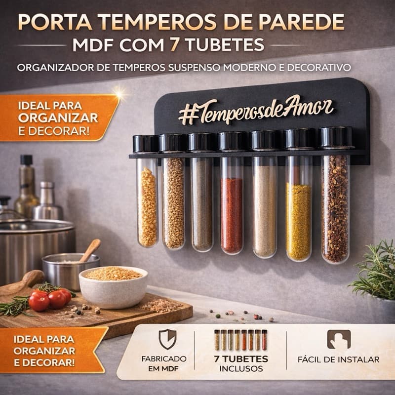 Porta Condimentos e Temperos de Cozinha Personalizado MDF - 7 Tubetes - Cozinha organizada