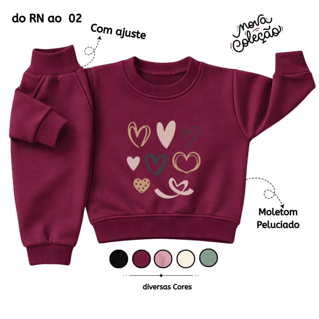 Conjunto de Frio Moletom Peluciado Menina Bebê 100% algodão Abrigo Grosso Flanelado Rosa kit 2 peças