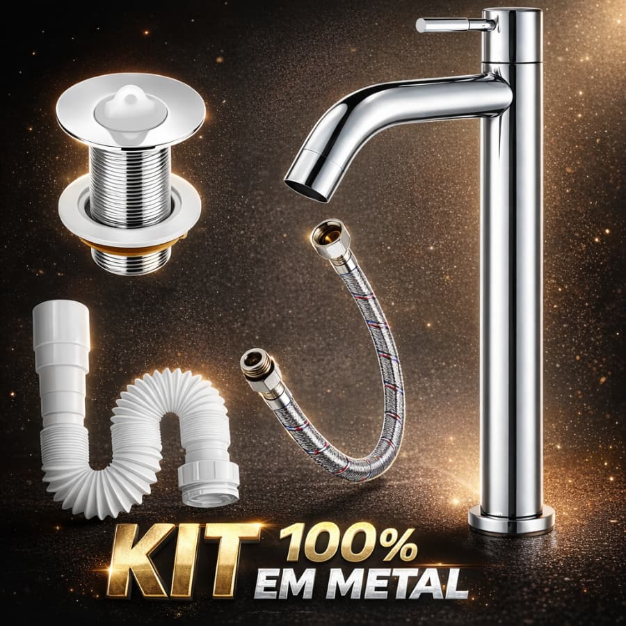 Kit Torneira Alta 100% Metal Cromada + Válvula Metal + Engate 40cm + Sifão Sanfonado Completo Luxo