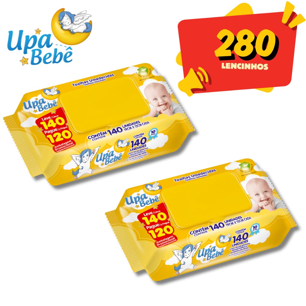 Kit 2 pacotes/280un Lenços Umedecidos Sem Alcool Upa Bebê de 140 Unidades Higiene Bebê