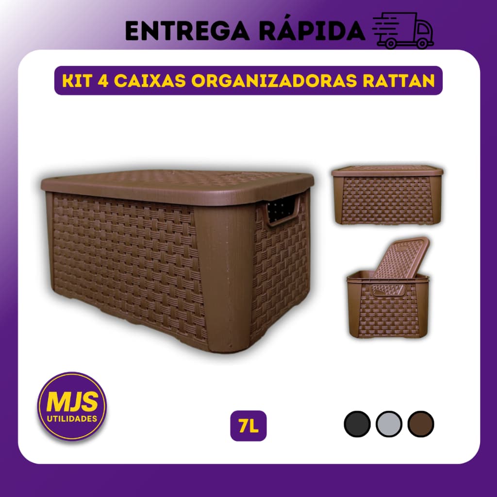 Kit 4 x Caixa Organizadora Rattan 7 Litros Cesto Plastico Multiuso Tampa Empilhavel Cozinha Banheiro