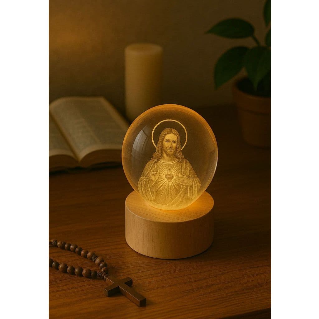 Luminaria Sagrado Coracao De Jesus Globo Vidro com Led Luz Quente Decoração USB