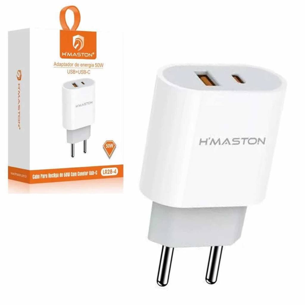 Fonte 2 entradas Carregador Celular Tipo C + USB Turbo PD 50w H'maston LR28-4 Carga Rapido USB C Adaptador