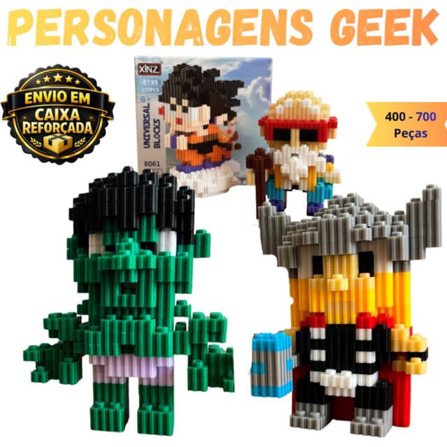 Kit 2 Personagens Geek Micro Blocos de Montar Colecionável estilo mini lego | Anime Herois