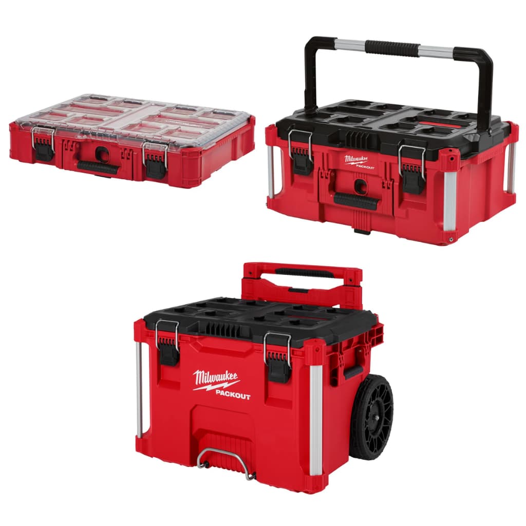 Kit Milwaukee PACKOUT 3 Peças Caixa Ferramentas com Rodas + Caixa Grande + Organizador IP65 Original