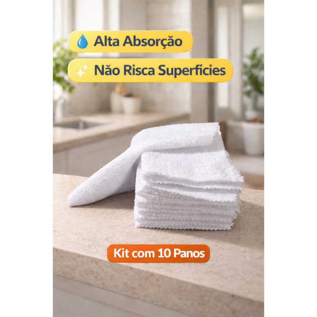Kit 10 Pano Microfibra Multiuso Branco e Colorido – Alta absorção, ideal para limpeza, cozinha, banheiro, carro e vidros