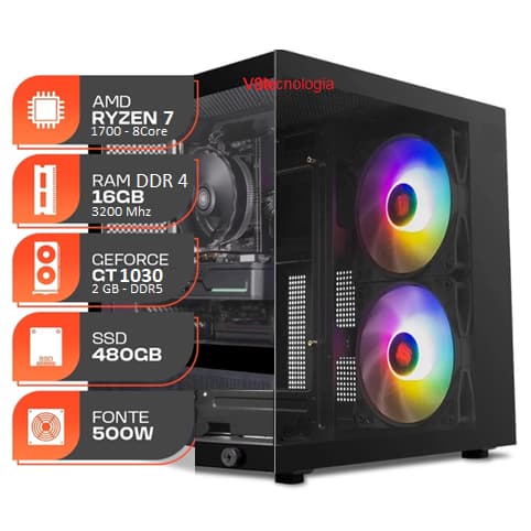 Computador Gamer AMD Rayzen 7 1700, A320Gigabyte, 16Gb3200, GforceGT2GBDDR5,SSD480GB,Fonte500w,Gabinete Aquário