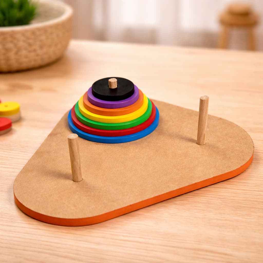 Torre de Hanói Desafio Brinquedo Educativo Pedagógico Educativo Em Madeira Colorida Geométricas