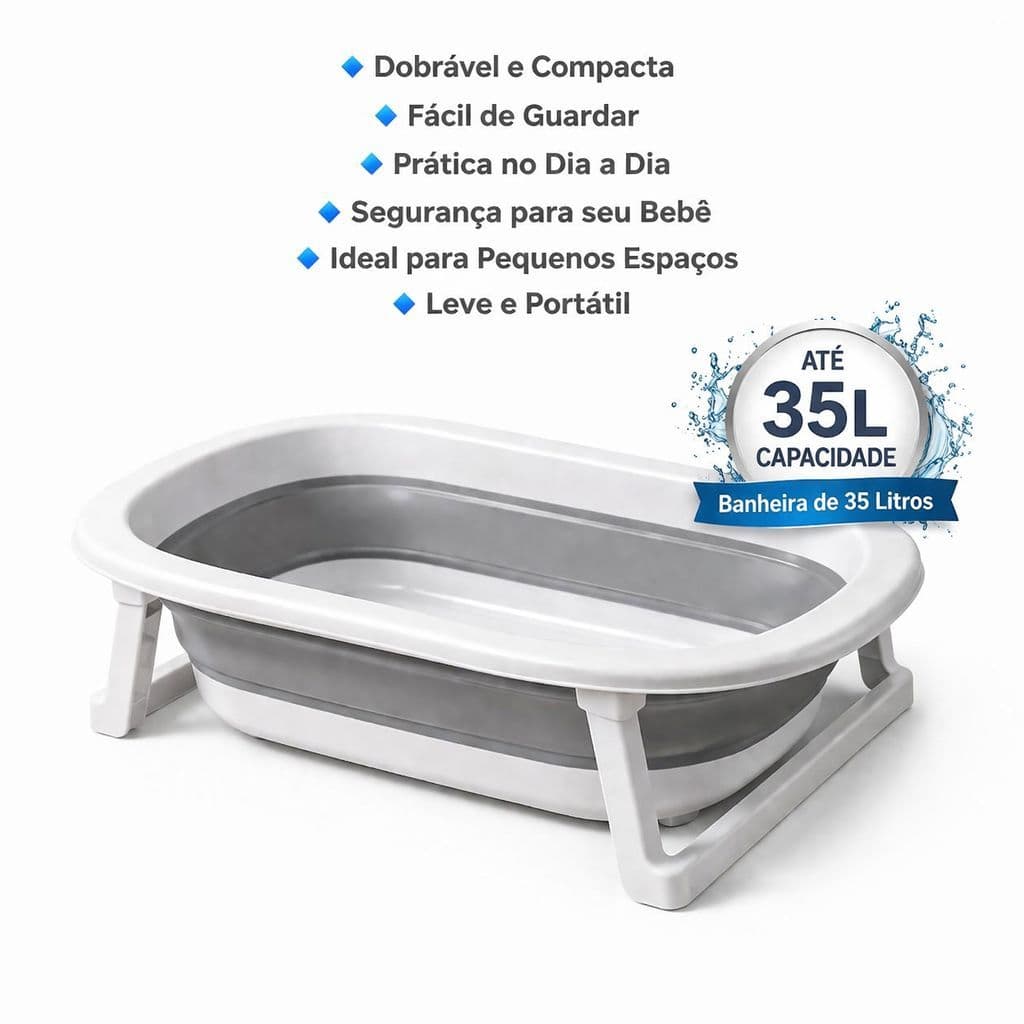 Banheira Retrátil Dobrável Portátil Bebê Infantil Premium Banho 35 Litros com Suporte Forte