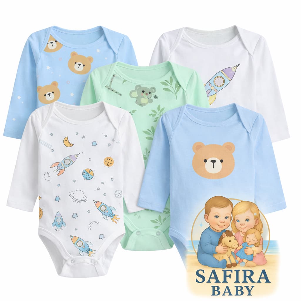 Kit Bebê 5 Bodies Manga Longa 100% Algodão Estampado Enxoval Confortável