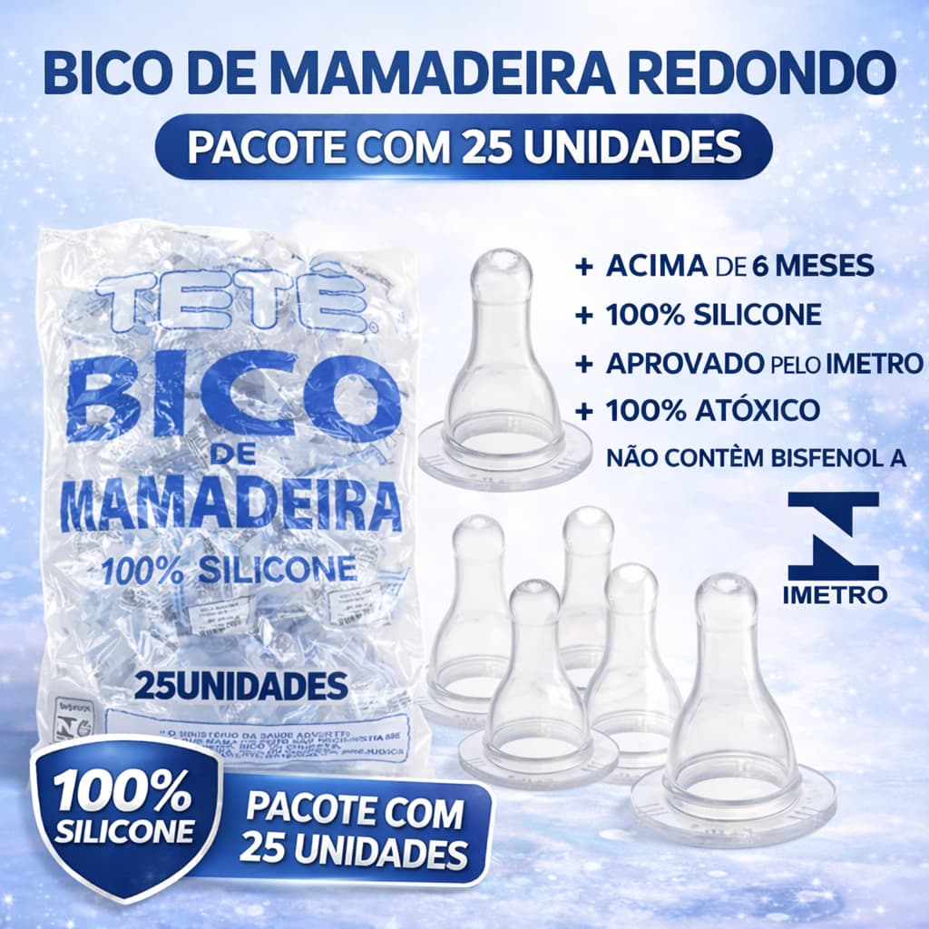 Kit 25 Bicos de Mamadeira Redondo 100% Silicone Alta Qualidade Aprovado Pelo Inmetro Para Bebês Tetê