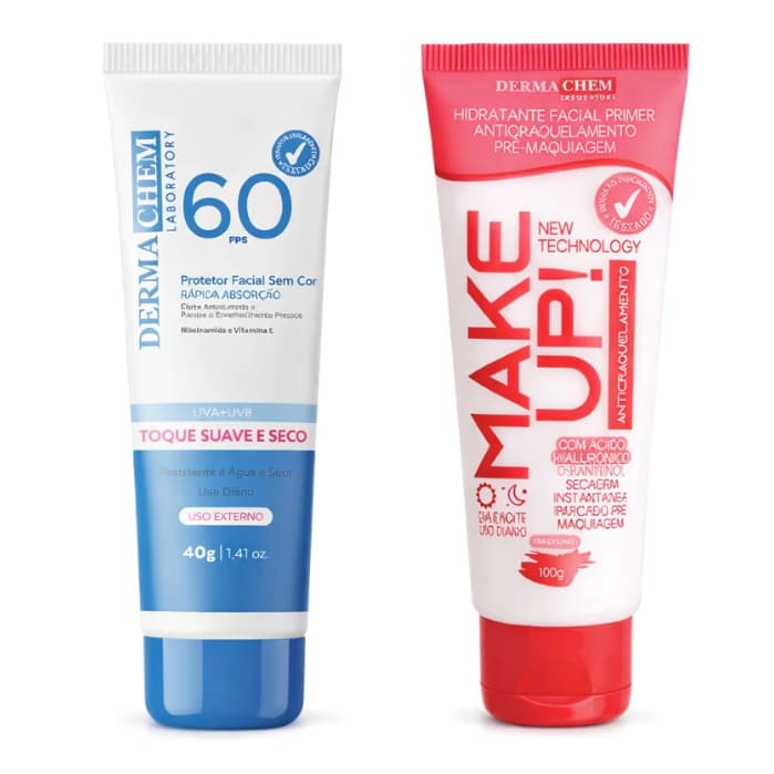 Dermachem Kit Protetor Solar Facial FPS60 e Hidratante para Rosto Primer Anticraquelamento Pré Make