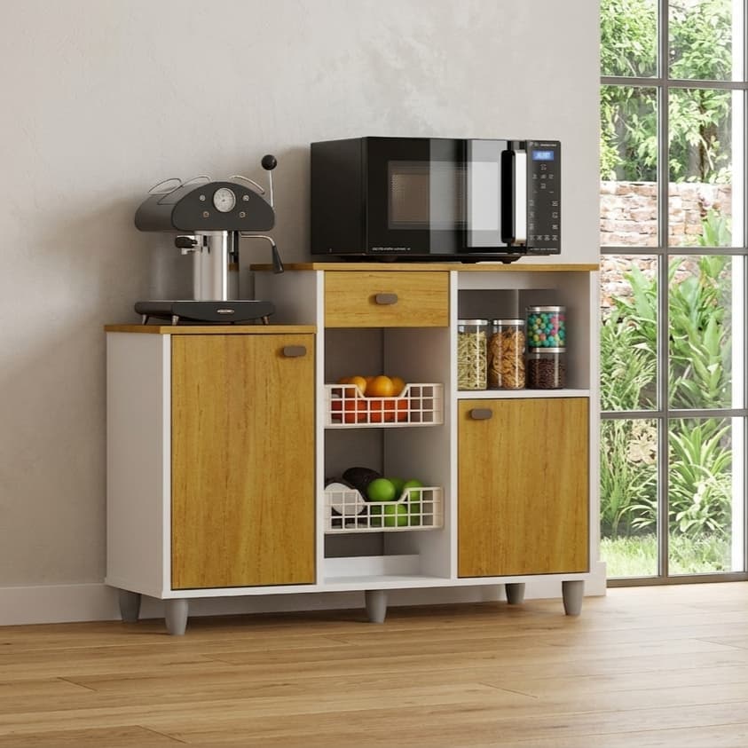 Fruteira Armário Cozinha Flora com 1 Gaveta 2 Cestos Vazados e Portas Organizador Multiuso Dupla Montagem Cores - AV