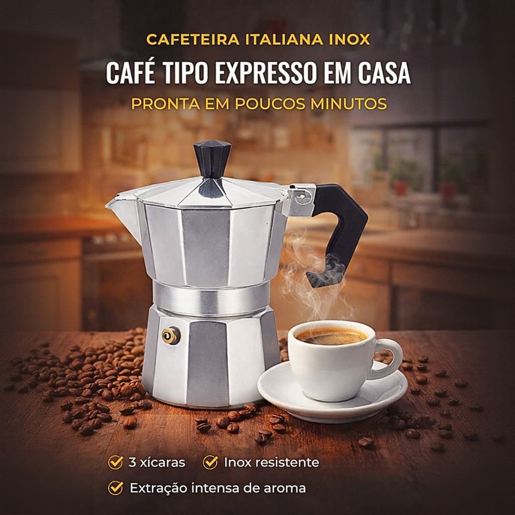 Cafeteira Italiana Moka Inox Café Tipo Expresso 3 Xícaras Fogão Gás Tradicional Prática 150ml Preparo Rápido